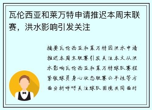 瓦伦西亚和莱万特申请推迟本周末联赛,洪水影响引发关注